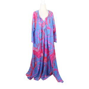 Vintage 70s Gossard Artemis blue and pink swirl print maxi dress and robe set M